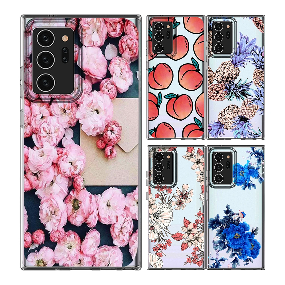 Hollow out blue flowers Pattern soft Clear TPU cell Phone Case For Samsung NOTE20 PLUS