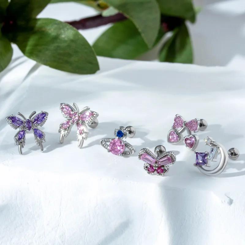 New Stainless Steel Rod Copper Inlaid Zircon Sweet Girl Feeling Butterfly Cherry Joker Cartilage Puncture Ear Bone Nail Jewelry