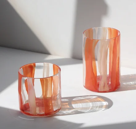 Modern Luxury Wedding Hotel Tabletop Home Decorative Pink Stripe Ribbed Glass Cup Holder Vessel Glass vase