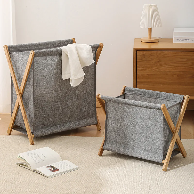 Folding Storage Basket Bathroom Organizer Wooden Fabric Large Kids Bamboo Collapsible Laundry Foldable Clothes Storage Basket