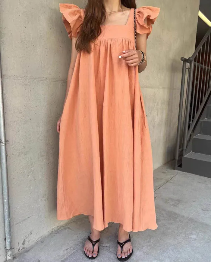 L6760  New 2024 Korean Fashion Solid Color Sweet Fly Sleeve Square Neck Casual Dress Women Clothing 5