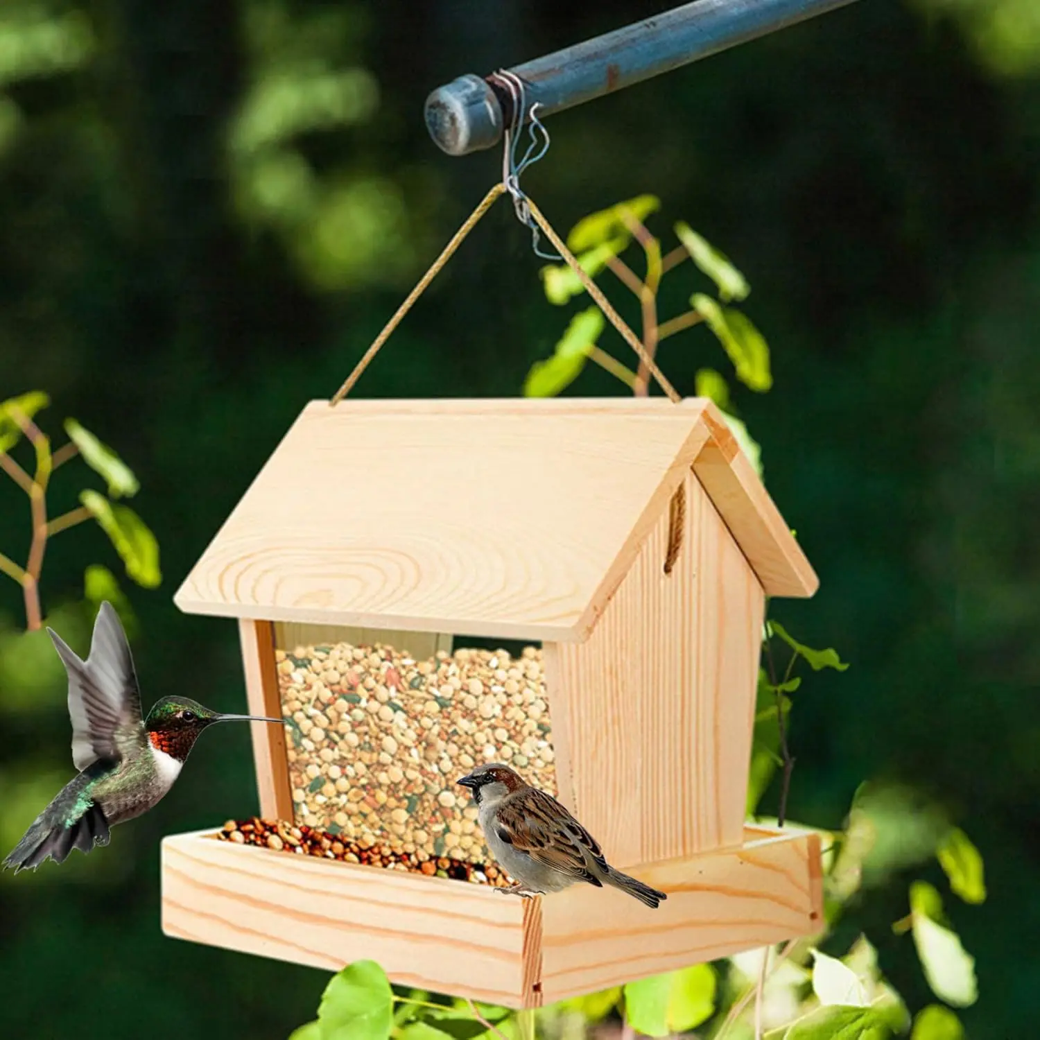 pet furniture Wooden Bird Feeders for Outdoors Visible Bluebird Feeder with Roof Open bird House Style Hanging Bird Feeder