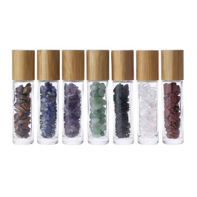 
10ml roll on bottle with gemstone rollerball crystal chips inside glass roller bottles essential oil sample bottles bamboo lids 