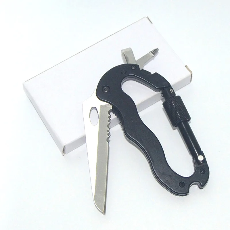 free sample 5 In 1 Outdoor Survival Steel Camping Climbing Multifunctional Knife Screwdrivers Carabiner