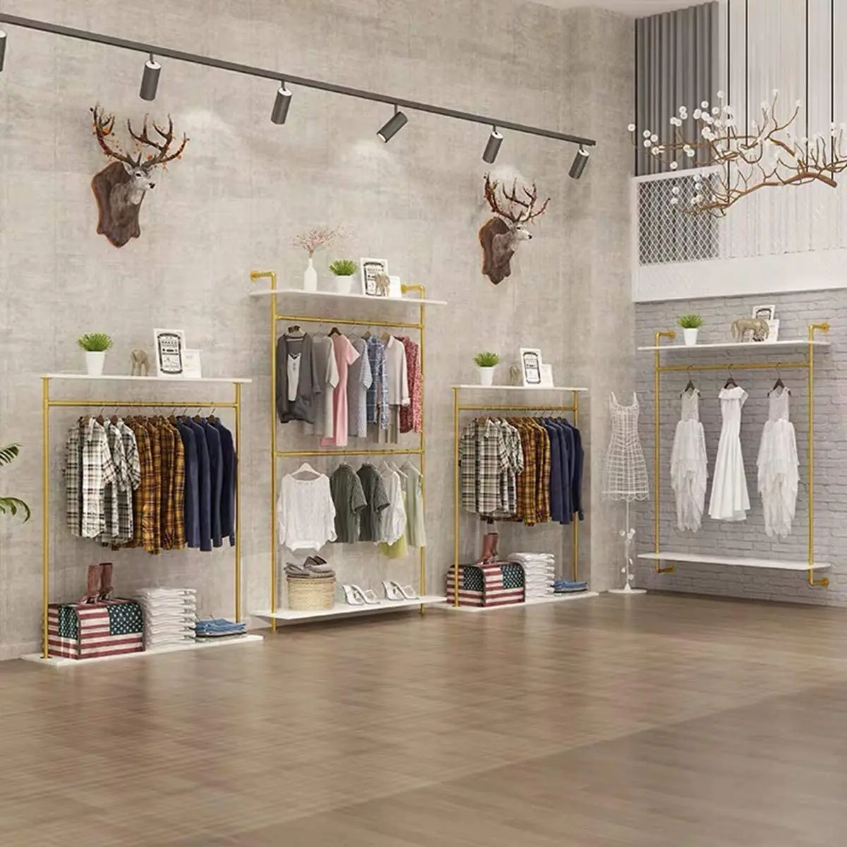 Wholesale Double Hanging Rods Clothing Rack Retail Display Wall Mounted Storage Clothes Display Hanging Shelf