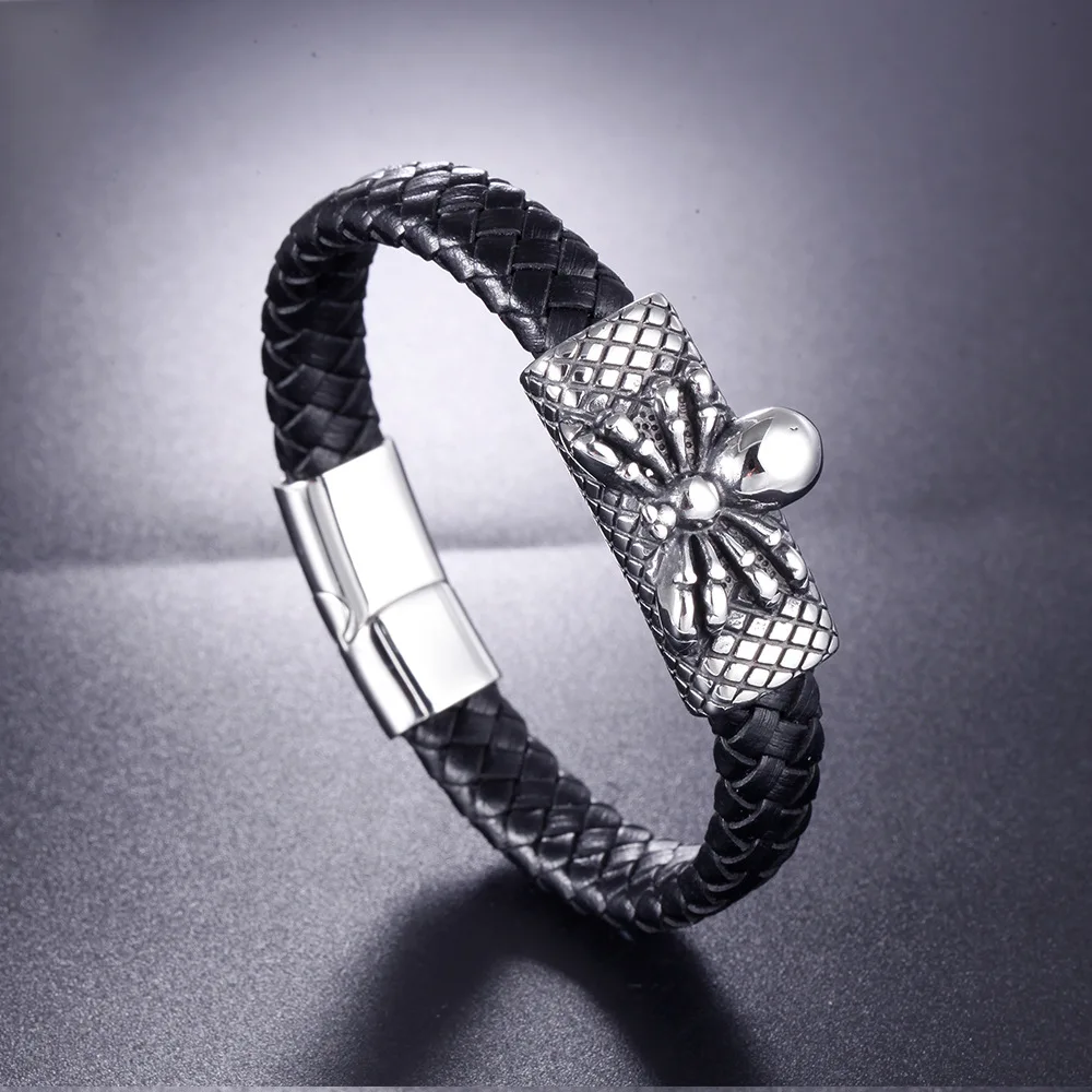 Stainless Steel Skull Bracelets Charm Braided Leather Handmade Woven Men Jewelry Beads Macrame Bracelet Men