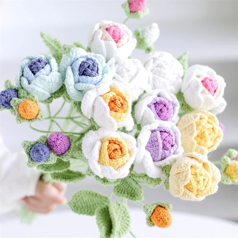 New Handmade Crochet Flower Bouquet Blooming Three Leaf Rose Multicolor Handmade Crochet Flowers