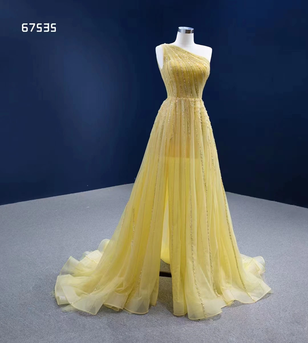 Feishiluo Sexy  Split Yellow  party dress Ladies Sequin bead A-line  Evening Fashion Gowns For Women Prom Dress