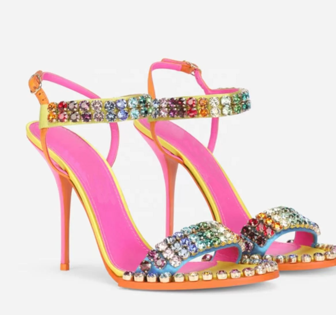Brand diamonds heels big rainbow rhinestone strap neon pink yellow orange outsole oem sandal sexy ladies stiletto high heels