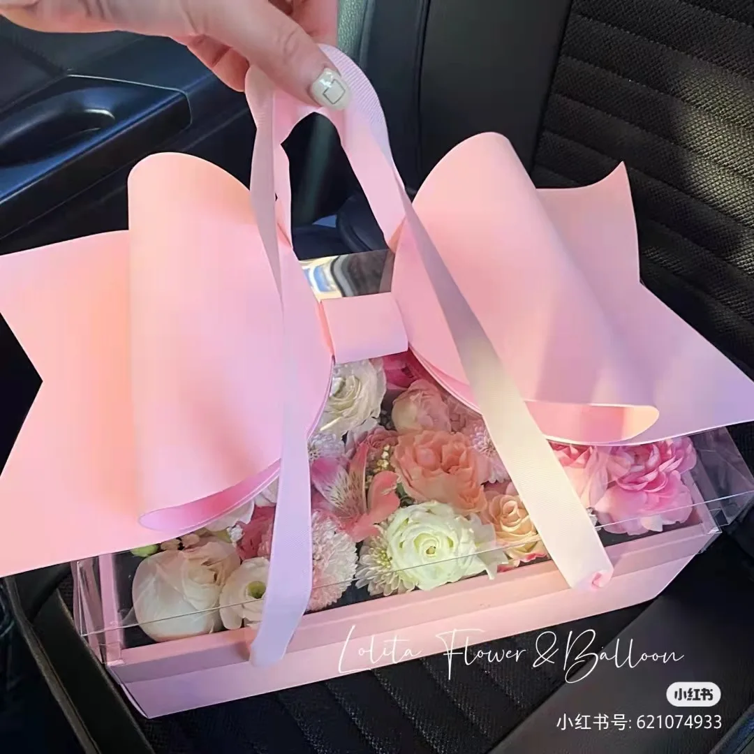Wholesale Customizable Bow Gift Box Flower Cake Fruit Packaging PVC Transparent Lid Portable Luxury Paper Boxes