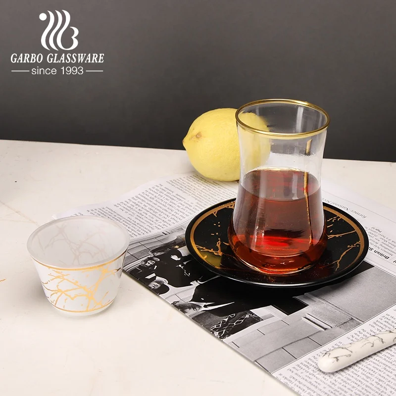 Wholesale gift box 18pcs Arabic Turkish Marble Decal Design Gold Rim Glass Tea cup Saucer Coffee Teacup mini coffee cup