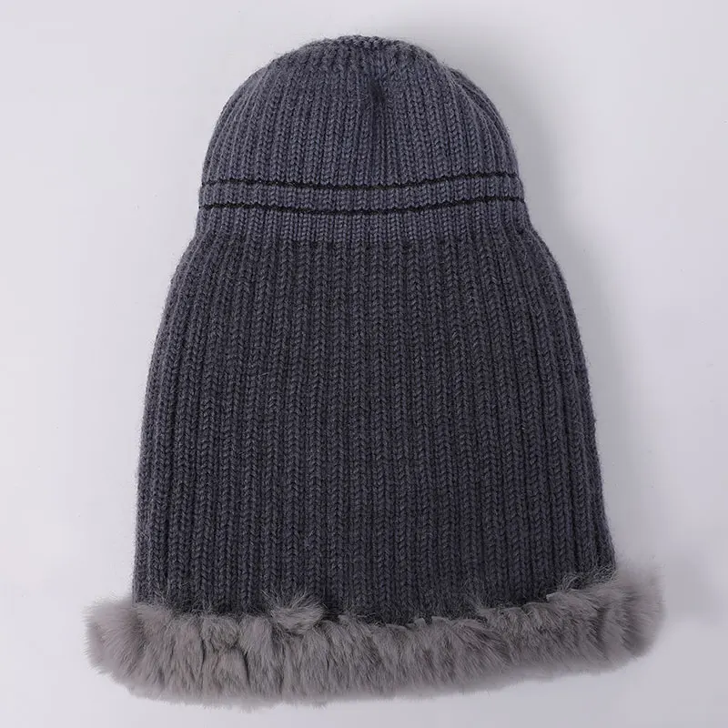 High Quality Hand-Stitched Rex Rabbit Fur Hat With Silver Fox Fur Ball