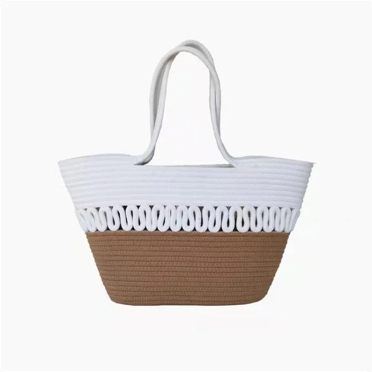 Wholesale reusable woven grocery bags Summer beach bag large canvas tote bag with ribbon