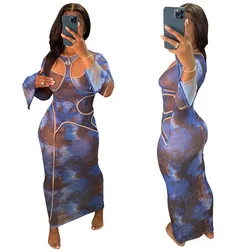 2021 New Ready to ship trendy fashion women fall clothing see through long maxi sexy mesh dress