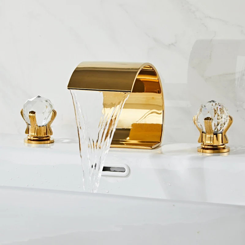 Luxury Style Gold Hot And Cold Three-Holes Basin Faucet Washbasin Bathroom Crystal Ball Split Three-Piece Deck Mount XR0175