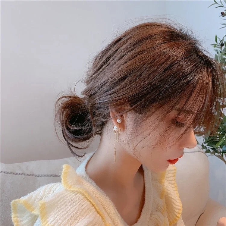 2021 Korean version of 925 needle long dangle pendant pearl gold hoop earrings