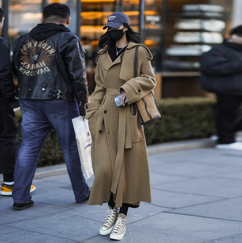 Wholesale 2022 Autumn and Winter New Mid-length Knitted Sweater Cardigan Loose Lazy Wind High-end Windbreaker Coat