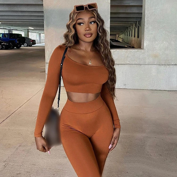 Solid Casual Stretch Top And Pants Fall Clothes Fitness Workout 2 Piece Set For Women Skinny Long Sleeve Woman