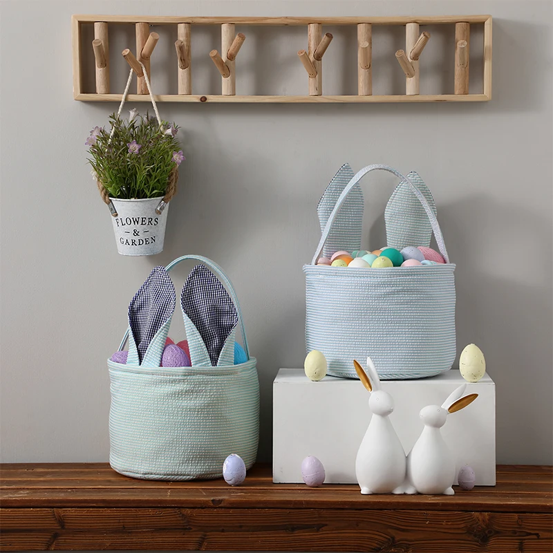 Personalize Easter Decoration Egg Gift Bag Wholesale Seersucker Bunny Ears Easter Basket