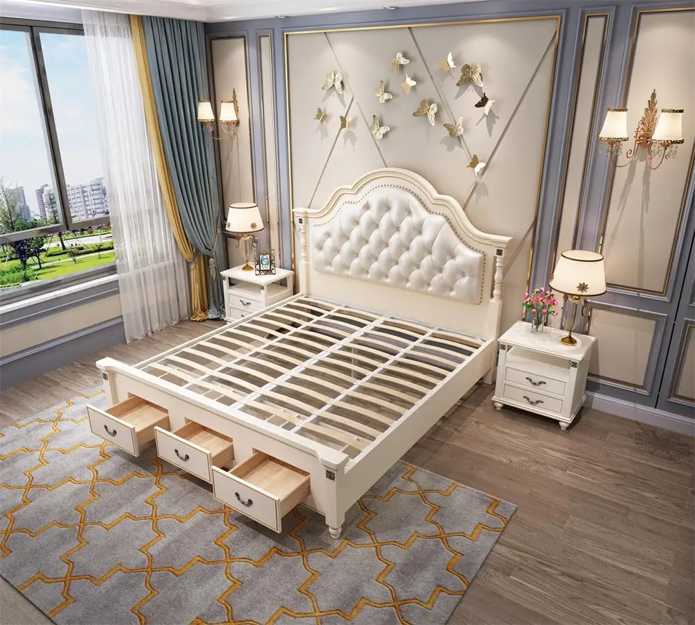 French Royal Bedroom Furniture King Size Leather Luxury Soft Bed Buy luxury European-style beds Soft double bed