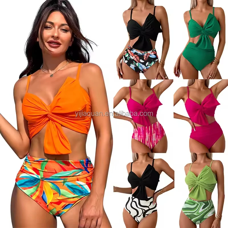2024 Wholesale Sexy Bow Knot Bra Printed Underpants 2 Piece Set Womens Swimwear Swimsuit Bikini Beach Swimwear