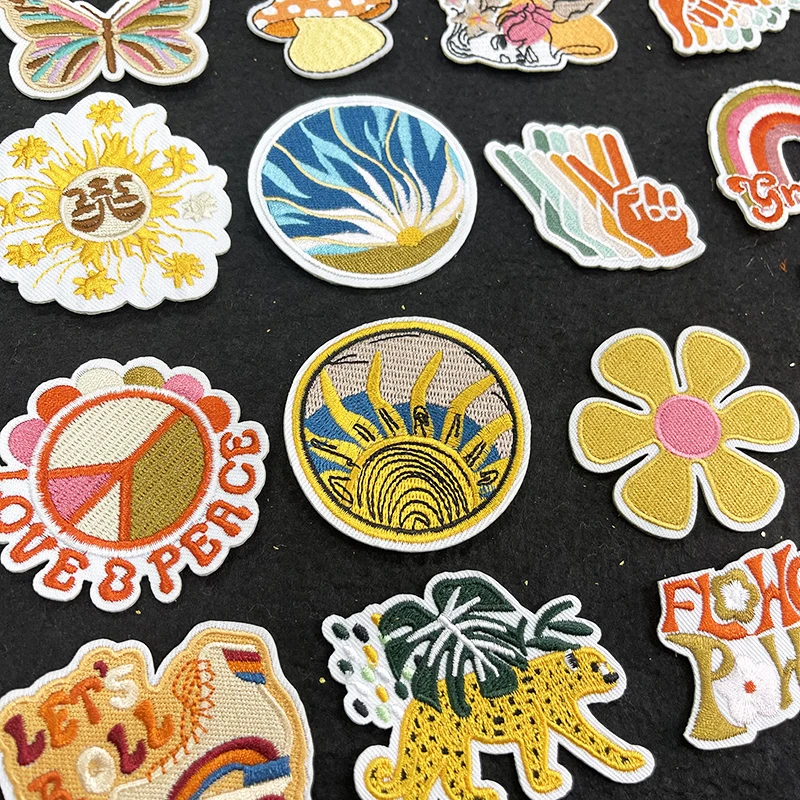 Iron On Smile Face Embroidery Cartoon Spring Brilliant Color Positive Energy Good Viber Flower Heart Patch For Hat Cloth Bag