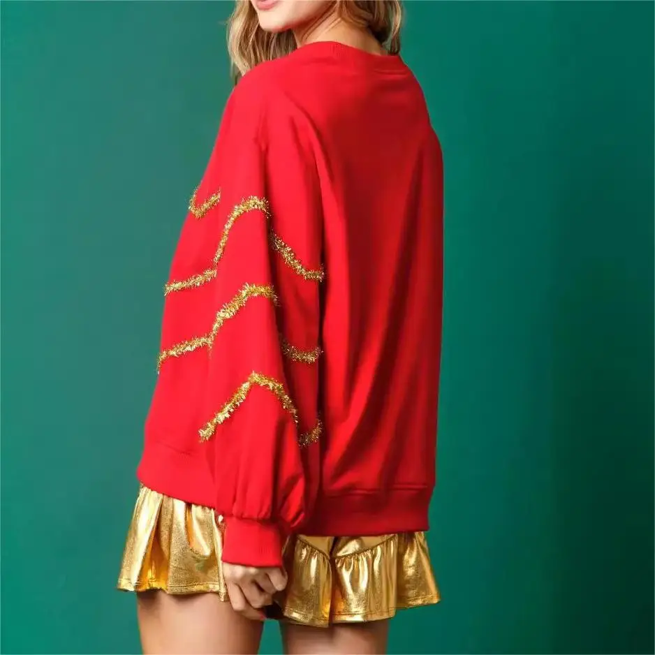 Women Casual Loose Top  Printed Christmas Tree Sequin Glitter Long Sleeve Hoodie Autumn Winter Embroidered Logo Back Sweatshirt
