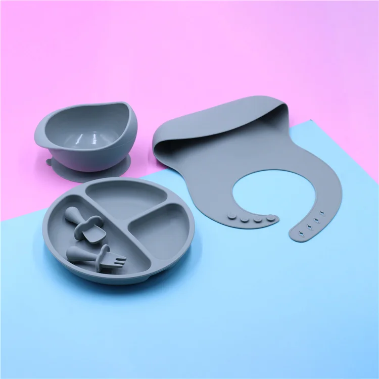 Hot Selling Factory Price Customized Logo Printed Best Waterproof Recyclabla Baby Silicone Bib Bowl Plate Spoon Fork