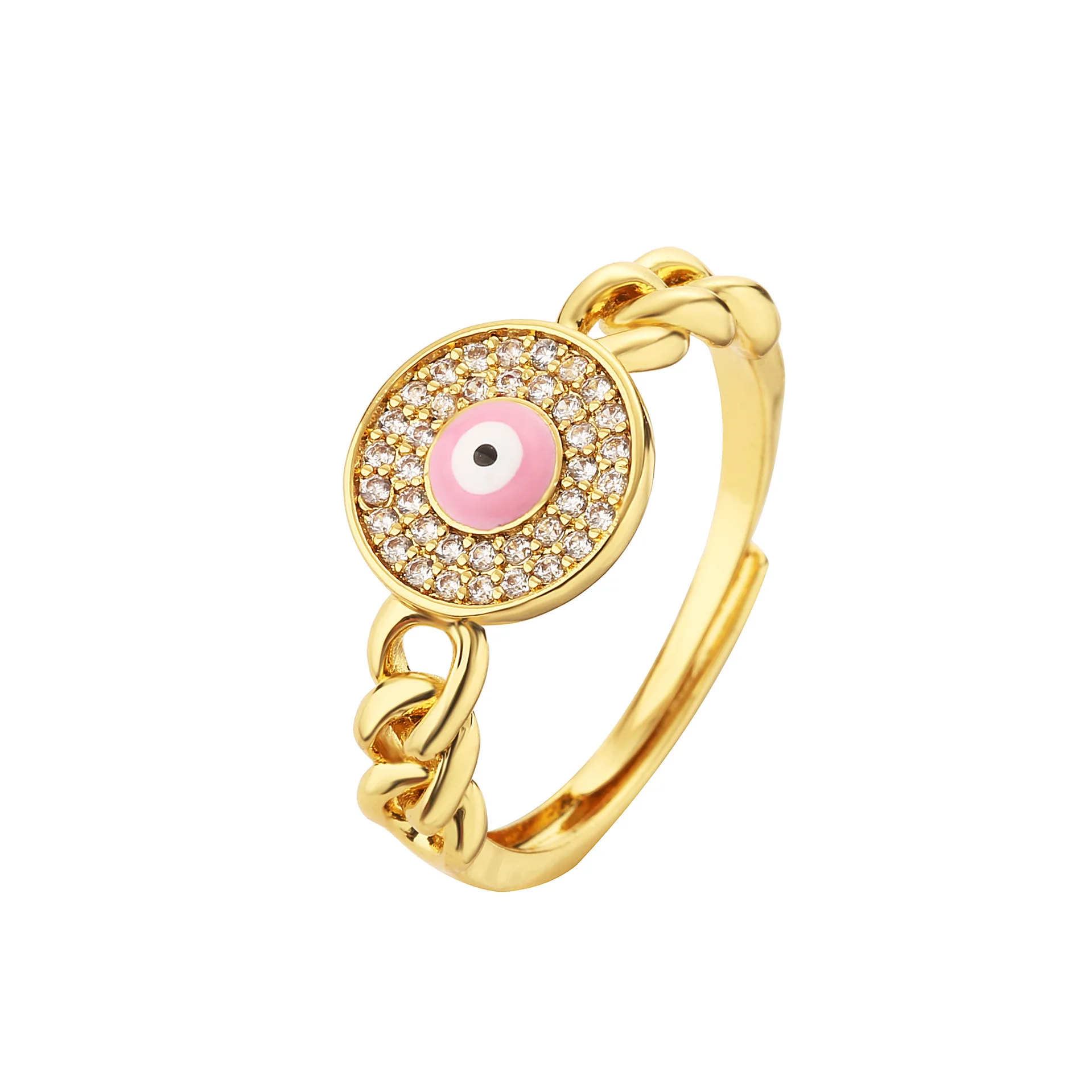 Hot Sale Fashion Colorful Oil Dripping Round Evil Eyes  Rings Adjustable Gold Plated Chain Open Rings For Women