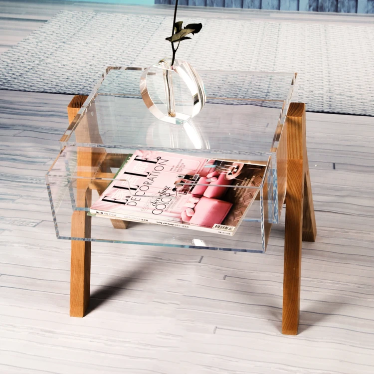 Wood Legs lucite chic design acrylic modern side table with drawer