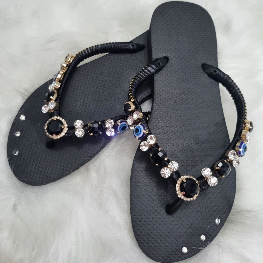 Classic Black Flip Flops Onyx Rhinestones Embellished Flip Flops Beaded Pearls Thong Slippers Wholesale