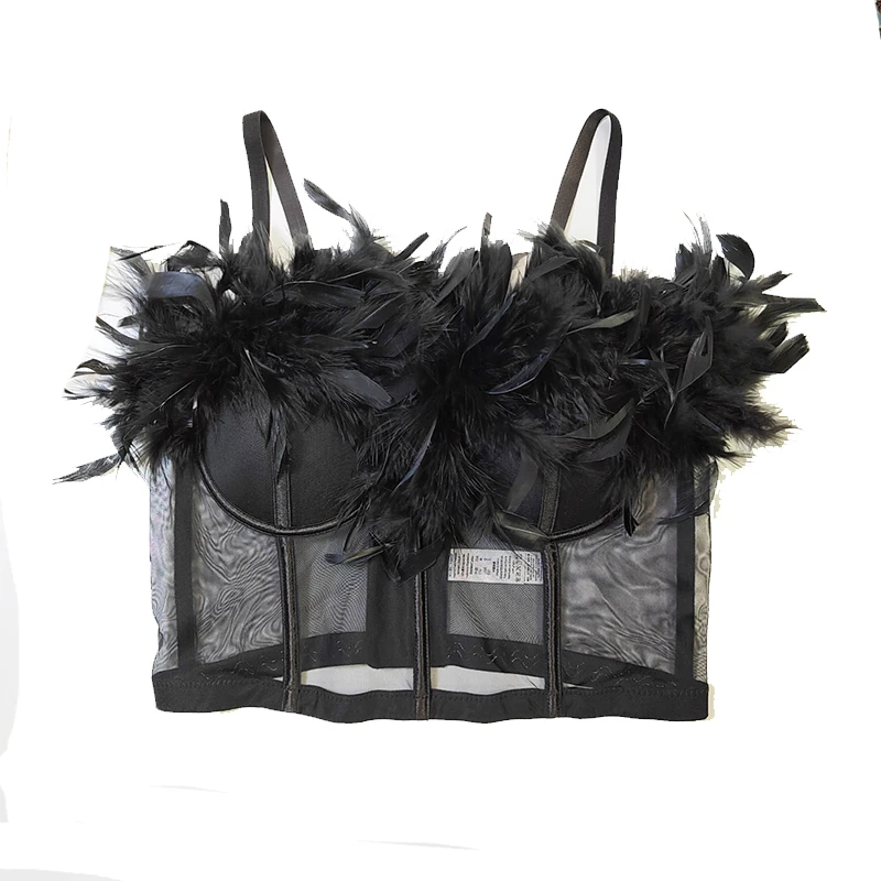 Ladies Sexy White Babydoll Bustier Crop Tube Top Bra For Nightclub Black Sheer Feather Corset