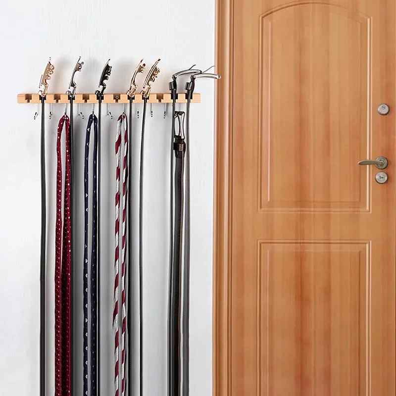 DS3736 Wall Mount Belt Rack Space Saving Ties Organizer Wooden Tie Rack Tie Hanger Walnut Wood Belt Hanger for Closet