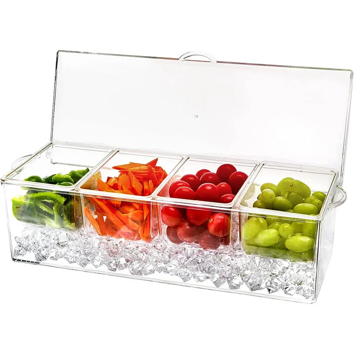 Clear PET Plastic Condiment Server Bar Garnish Holder Chilled with Ice Tray and 4 Removable Compartments