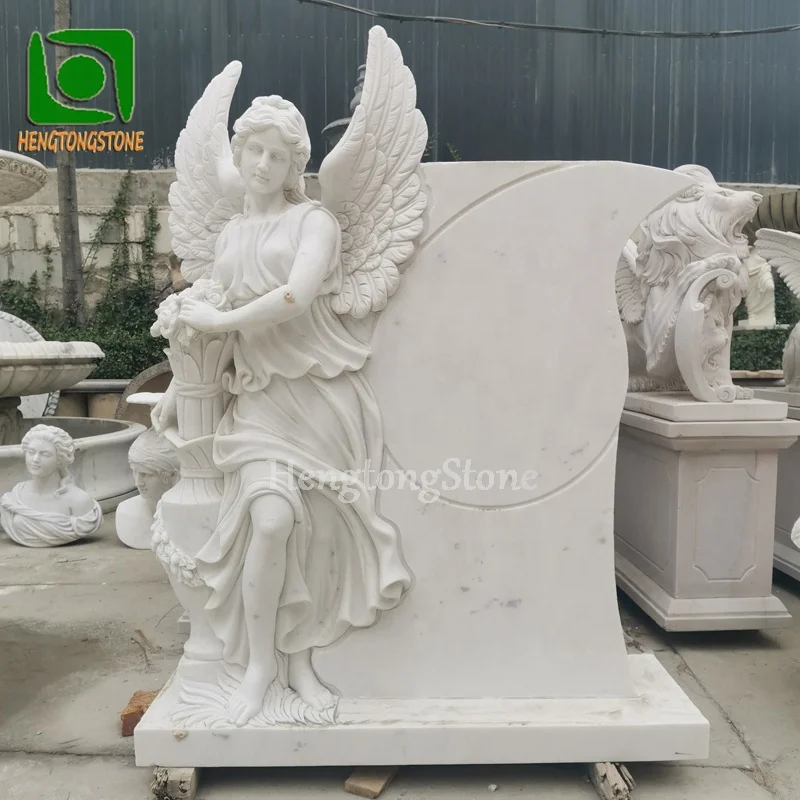 Cemetery White Marble Opening Wings Angel Tombstone Headstone