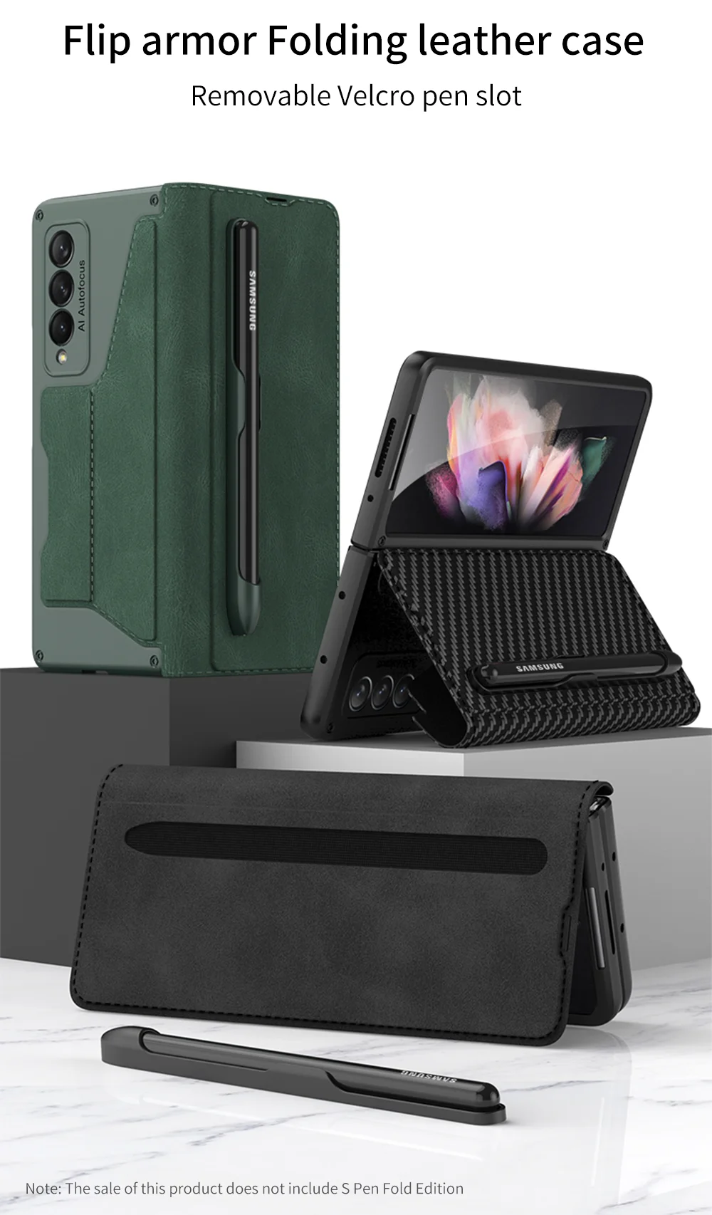 Card Slot Flip Wallet Leather Case for Samsung Galaxy Z Fold 4 5G Case with Removable Pen Slot Holder Cover for Galaxy Z Fold2 3