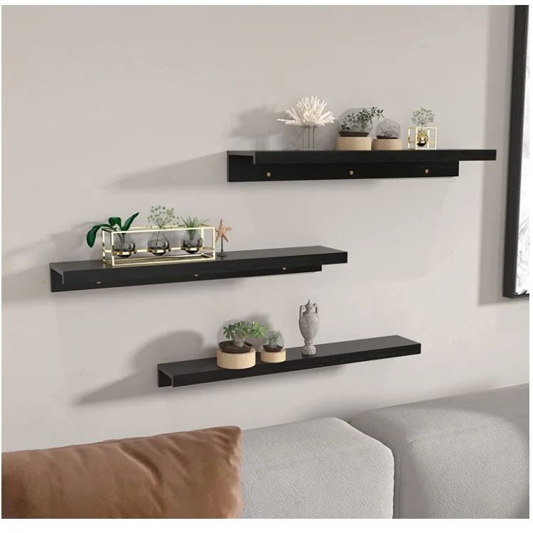 Set of 3 floating shelves living room office photos organizer black wall shelf wood