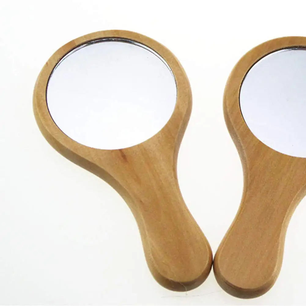 Handmade Portable Handle Round Cosmetic Mirror with Single Handle Personal Vanity Cosmetic Wooden Handheld Mirror