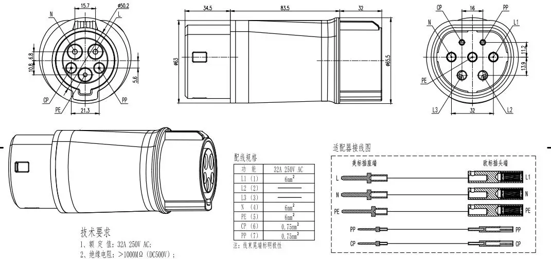 type 1 to type 2 adapter for EU chargers  chage AC adapter 32A 20530 AC adapter