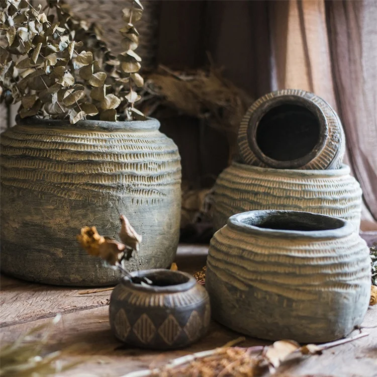 Farmhouse rustic vintage home decoration embossed clay interior vase floor flower vase large flower vases