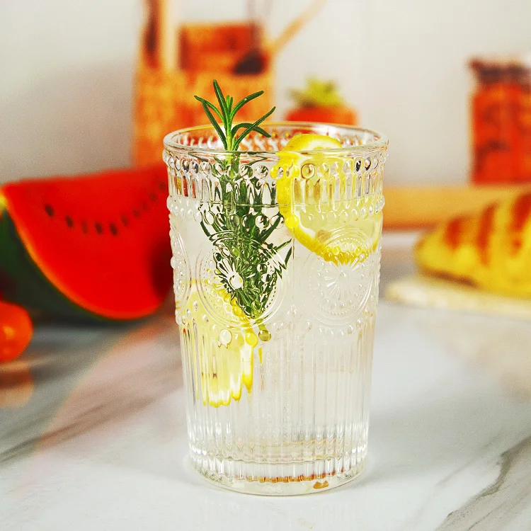 6 Pack 12oz Romantic Water Premium Drinking Glasses Tumblers Embossed Vintage Glassware Set for Juice Beverages Beer Cocktail