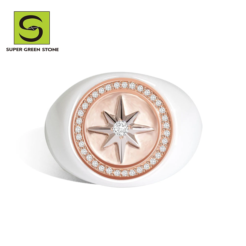 Octagram Design Dropshipping White Ceramic Rings 18K Gold Lab Grown Diamond Iced Out Jewelry Men Jewelry