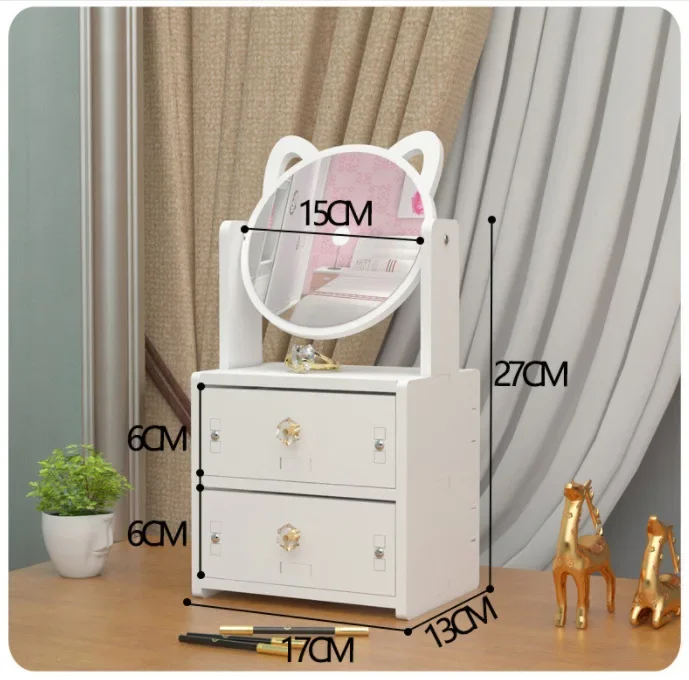 Luxury white round mirror nordic cosmetic storage box makeup organizer with cat ears