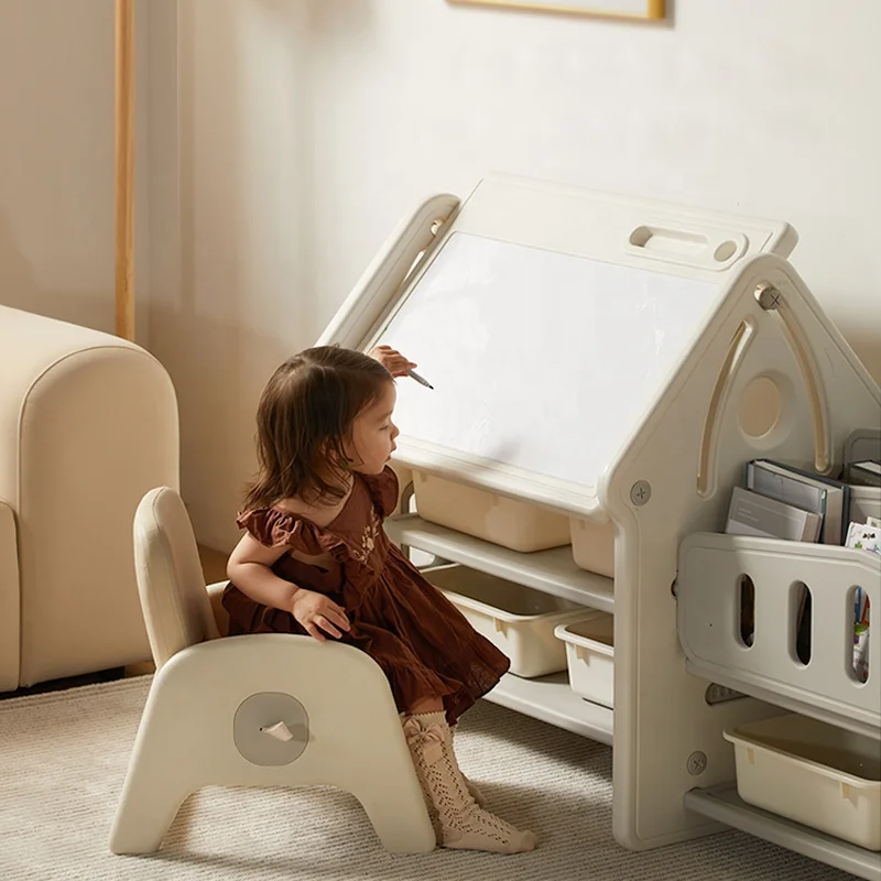 Multifunctional plastic kids toy storage bookshelf and study desk table with drawing board
