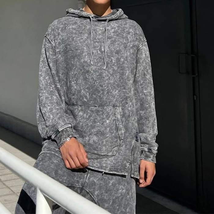 Active Fashion Streetwear  Grey Baggy Loose Fitted Oversized Marble Acid Wash Pullover Sweatshirt Hoodie Tracksuit