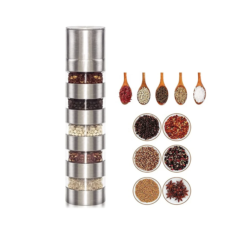 Factory Direct Sale 5 in 1 Adjustable Salt Pepper Grinder Stainless Steel With Adjustable Coarseness
