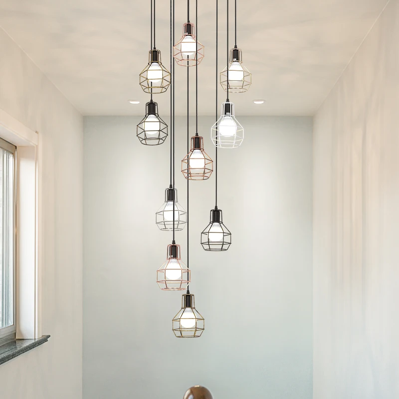 Nordic Modern Duplex Iron Multi Head Combination Loft Industrial Style Staircase Long Grenade Black E27 Stair Pendant Lamp