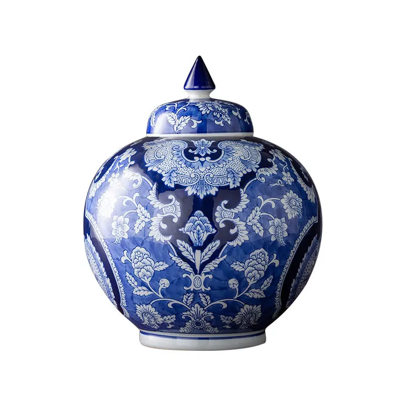 Hand-Painted Blue White Ceramic Vase New Chinese Style Exquisite Flower Pot Living Room Decorative Stone General Jar Tea Pot