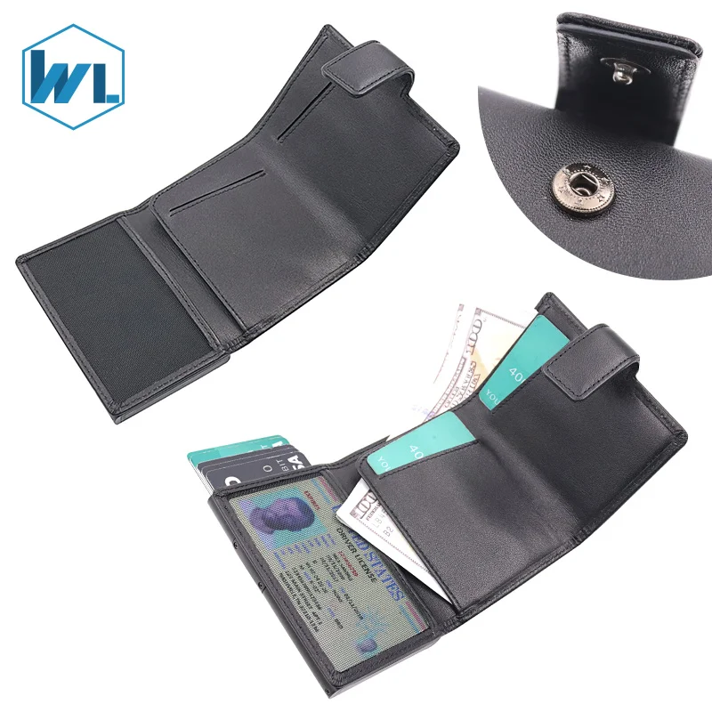  Мужские бумажники тонкий тройной складной из натуральной кожи RFID бизнес держатель для карт с автоматической кнопкой