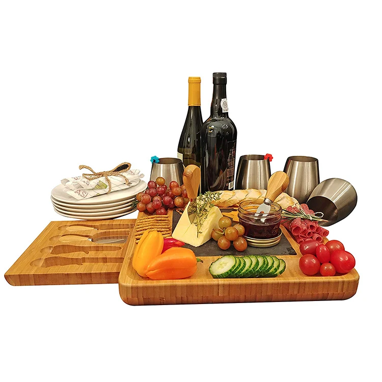 
Wholesale Custom Bamboo Cheese Board Stainless Steel Cheese Knife 4 Piece Chopping Board Set 